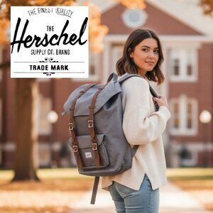 Herschel Little America Backpack Gray Tan Leather Straps Laptop Bag School